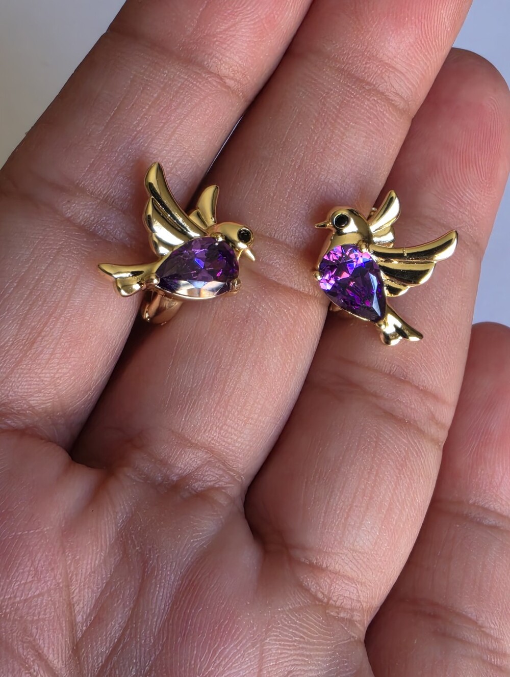 Gold Plated Bird Earrings Purple Crystal Dove Huggie Hoops Statement Jewelry